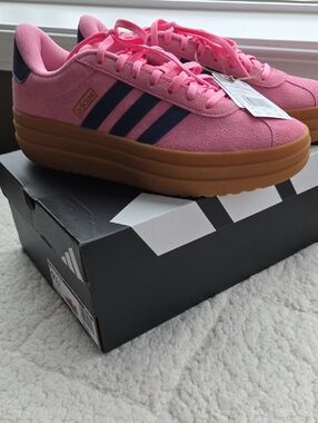 Adidas Women’s Pink Suede Platform Sneakers with Navy Stripes and Gum Sole